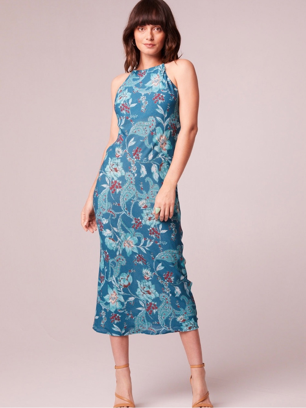 Band of the Free Boho Teal Floral Halter Midi Dress Wedding Guest S